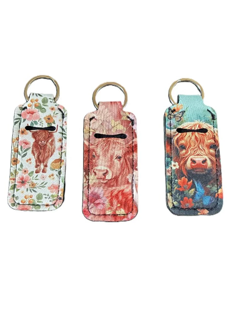 Highland Cow Keychain Set of 3 - Floral & Butterfly Designs slit for lipstick